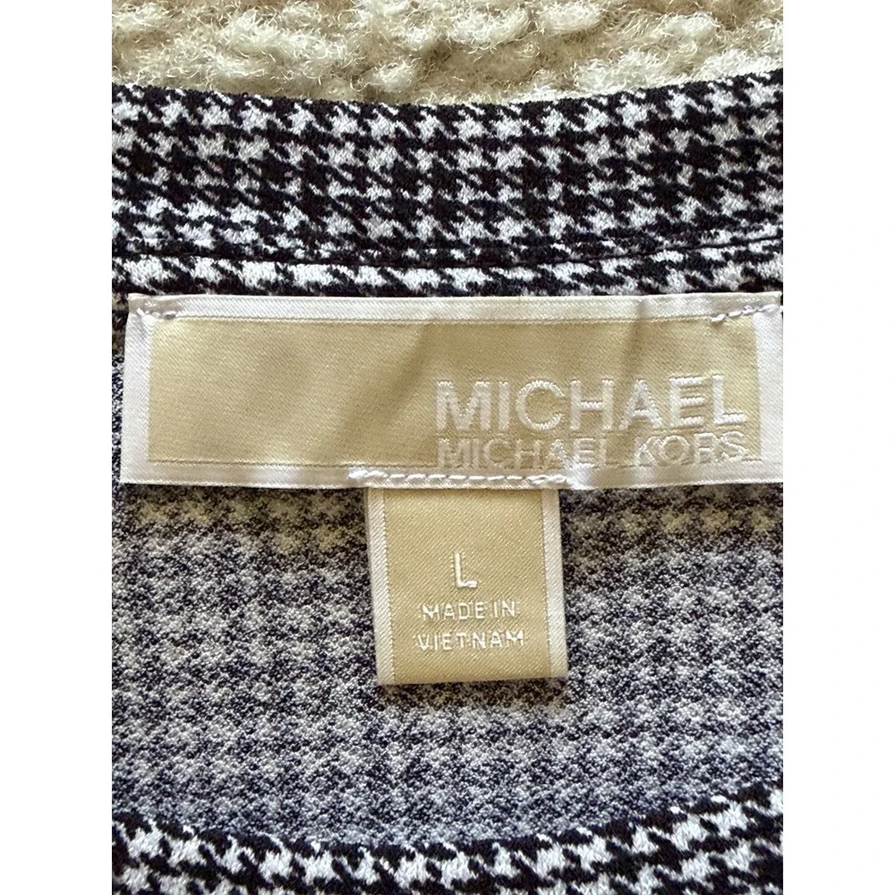 Michael Kors Houndstooth Ruffle Knit A-Line Dress Black White Long‎ Sleeve L